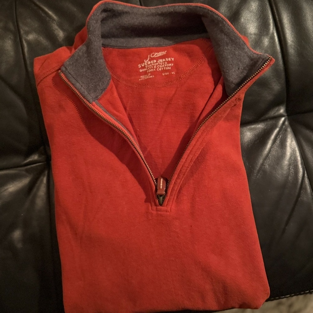 J. Crew Men's Vibrant Orange/ Gray Sueded Quarter Zip-Up Sweater 100% cotton